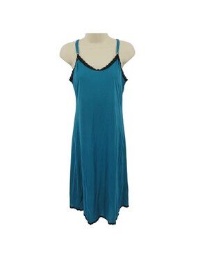 VTG Farr West Women Size 34 Teal Blue Black Lace Trim Q75  Slip Dress Nightgown